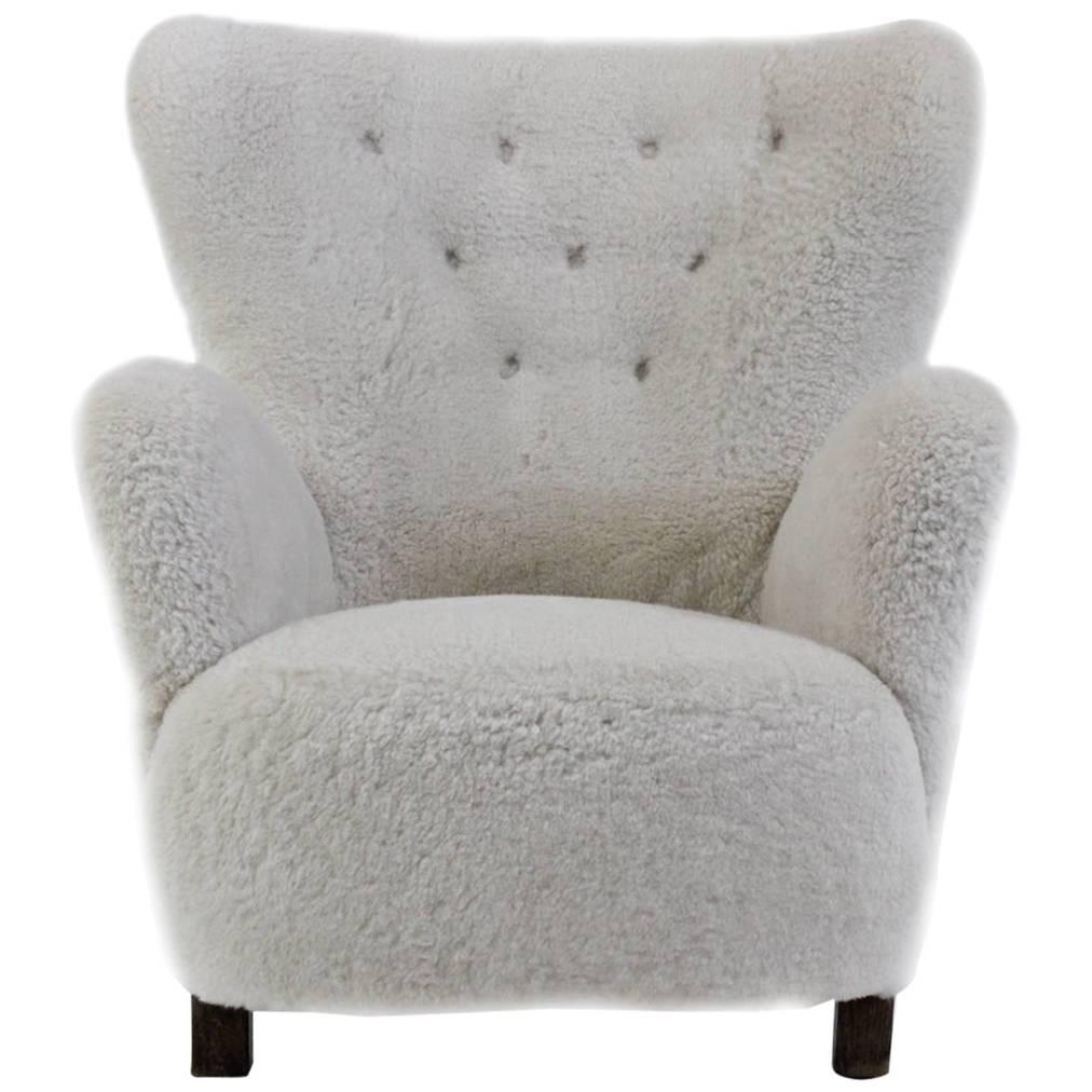 1940s Danish Wingback Lounge Chair in Natural White Sheep Skin