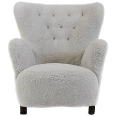 1940s Danish Wingback Lounge Chair in Natural White Sheep Skin 5