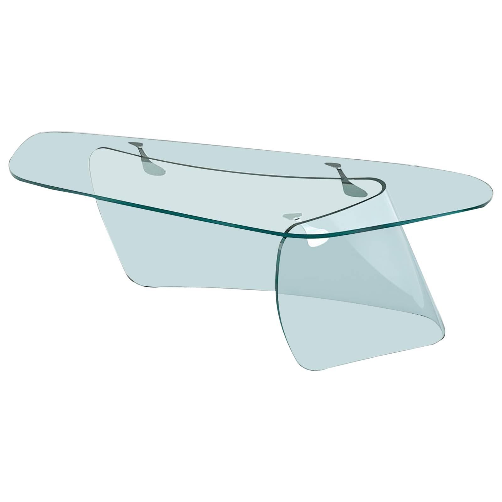 Absolut-Schreibtisch mit geschwungenem Glas und Klarglasplatte im Angebot