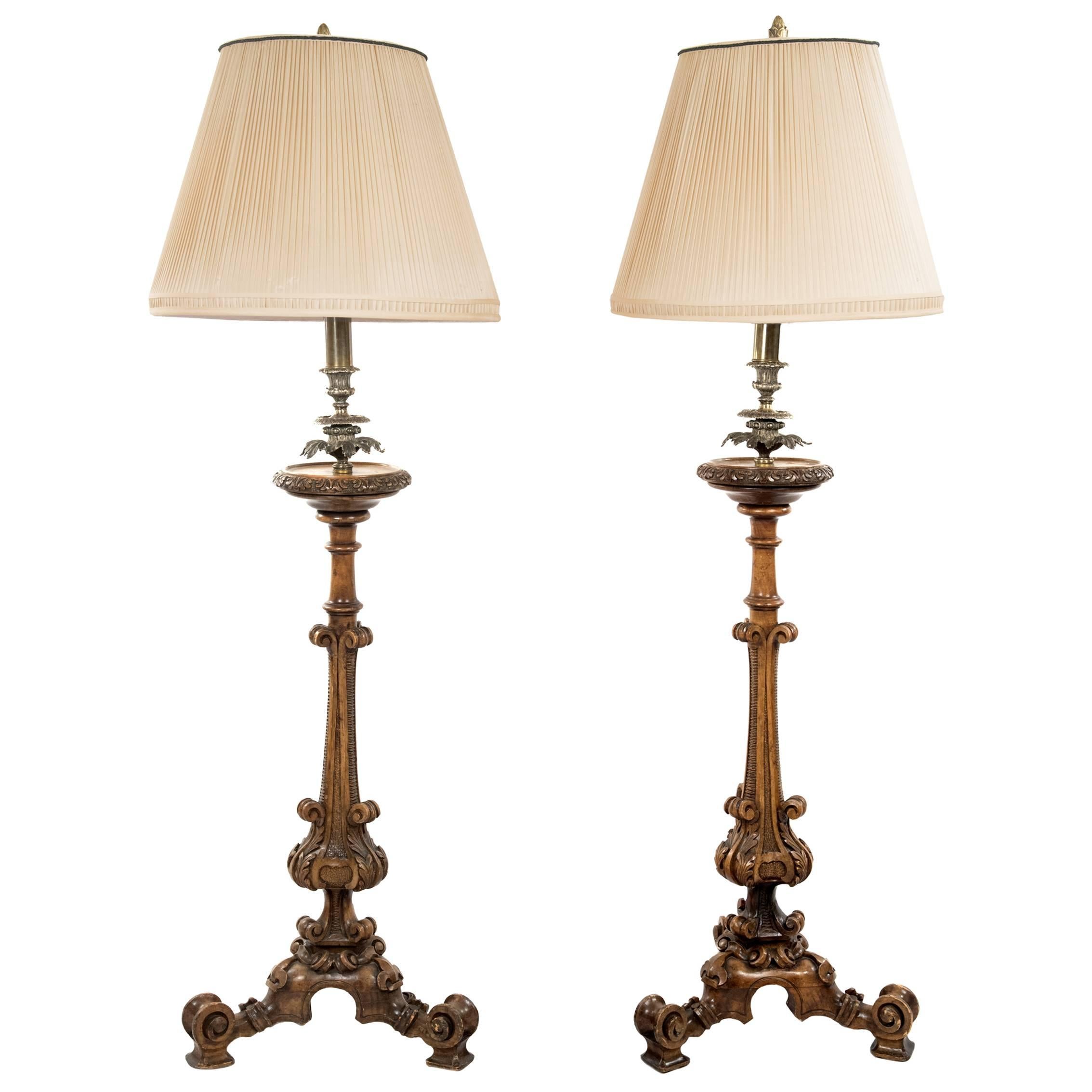 Pair of Carved Wood and Brass Table Lamps