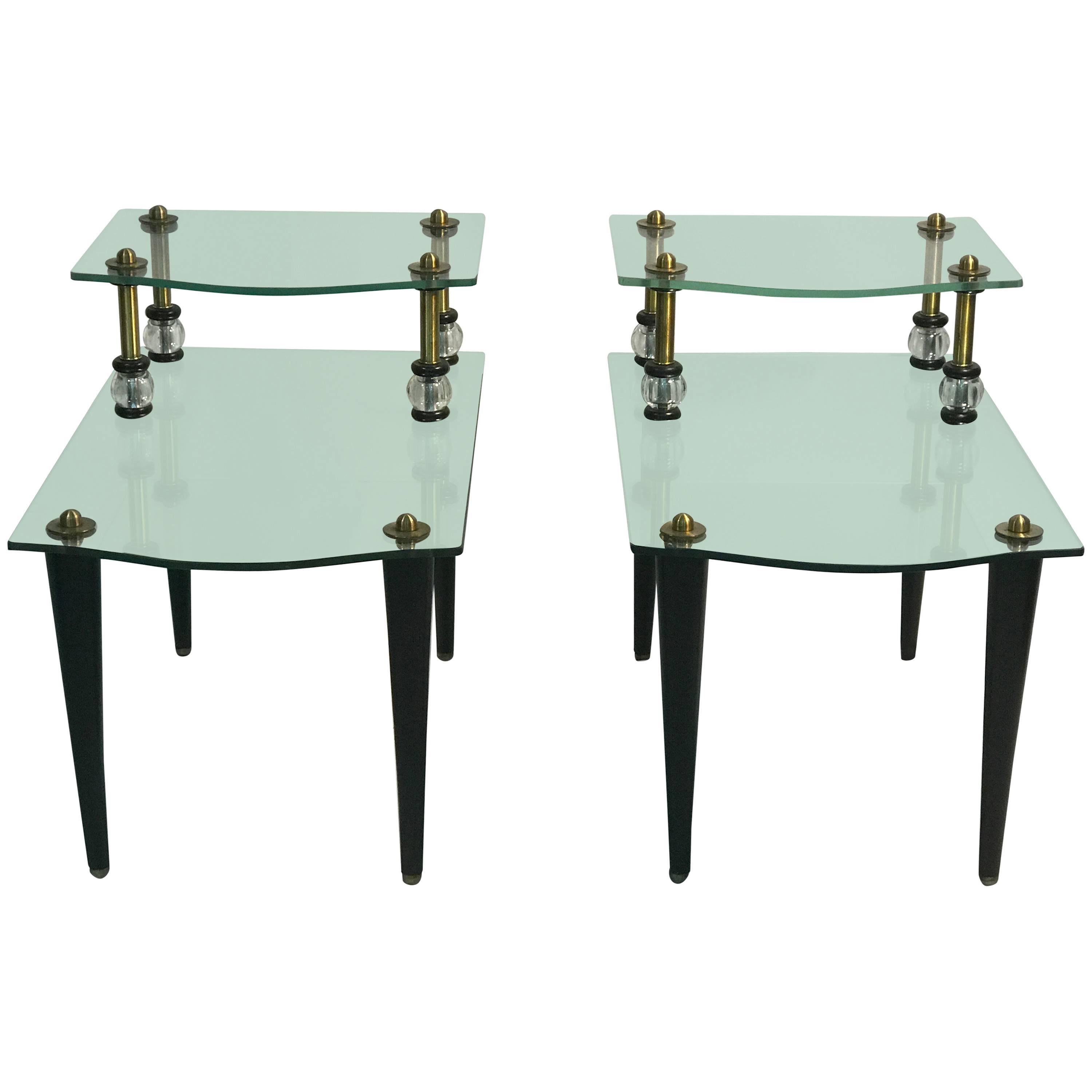 Exceptional Pair of Mirrored Two-Tier Side Tables with Brass Accents For Sale