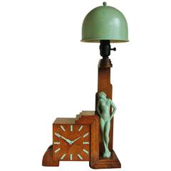 Stunning English Architectural Art Deco Walnut Figural Clock/Lamp by LG Hawkins