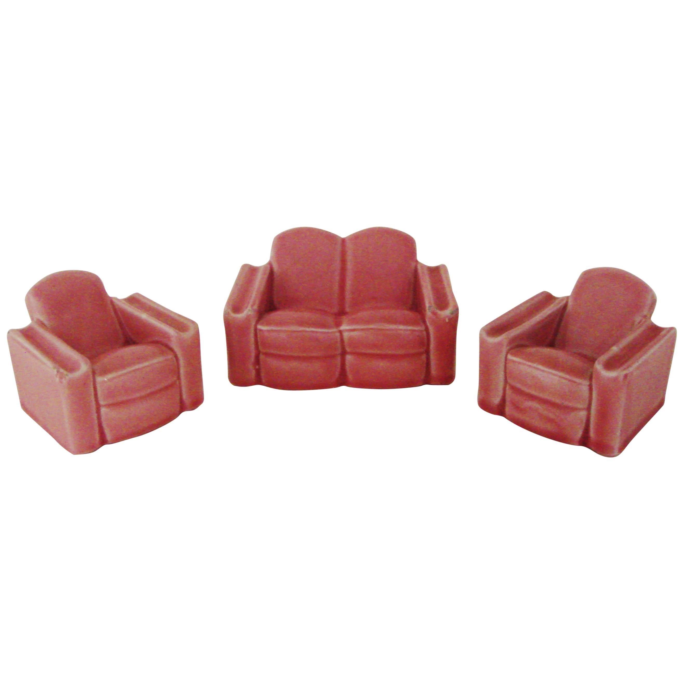 English Art Deco Ceramic Armchairs and Loveseat Three-Piece Ashtray Suite For Sale