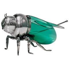 Silver Green Glass Bee Honey Pot, circa 1930