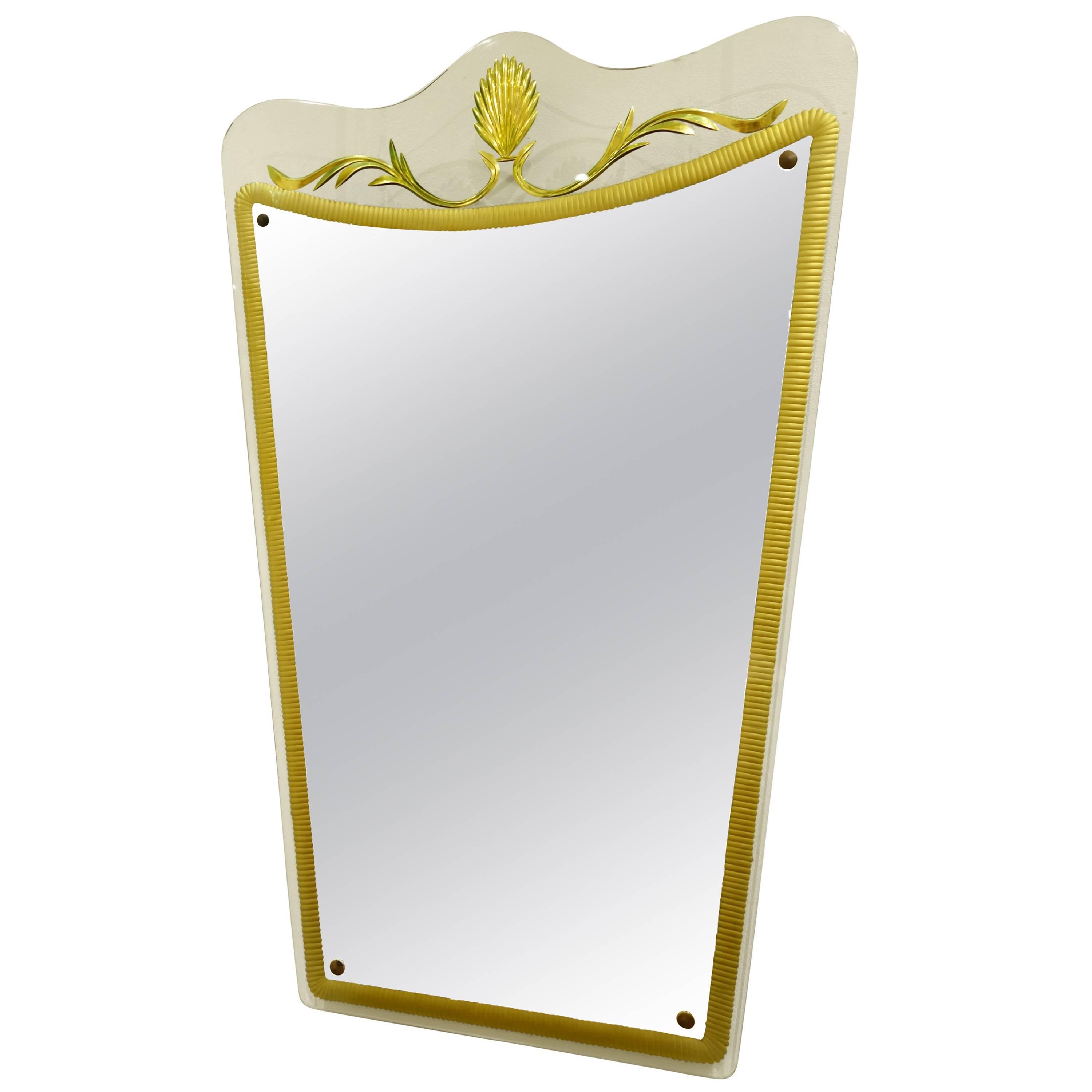 Cristal Art Mirror with Yellow Engraved Decoration, circa 1948 For Sale