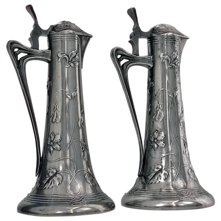 Pair of Art Nouveau Pewter Liquor Jugs, Germany, circa 1900