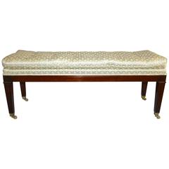 Upholstered Mahogany Long Bench with Brass Casters