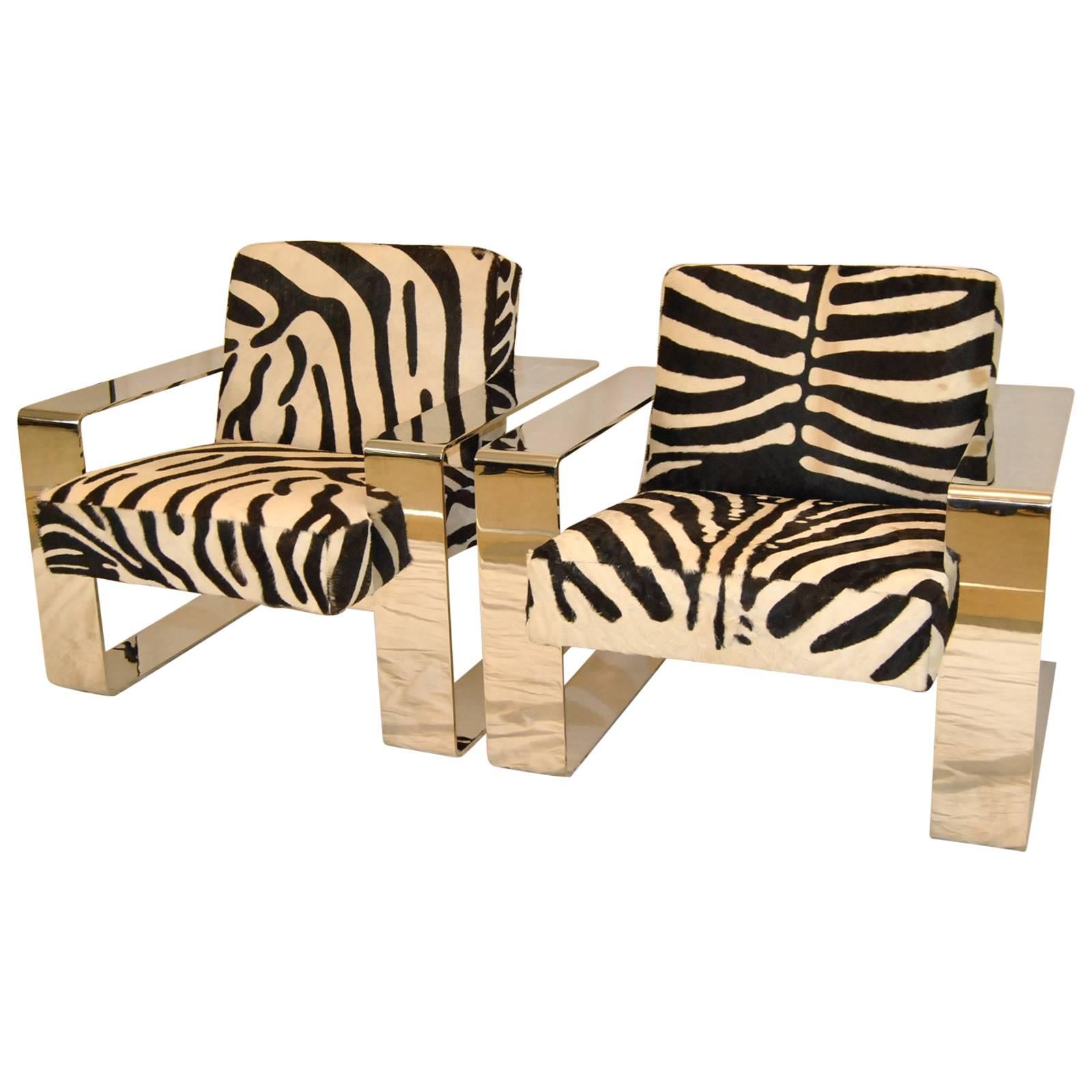 Pair of Connor Chairs with Chrome Frame and Zebra Print Cowhide Upholstery