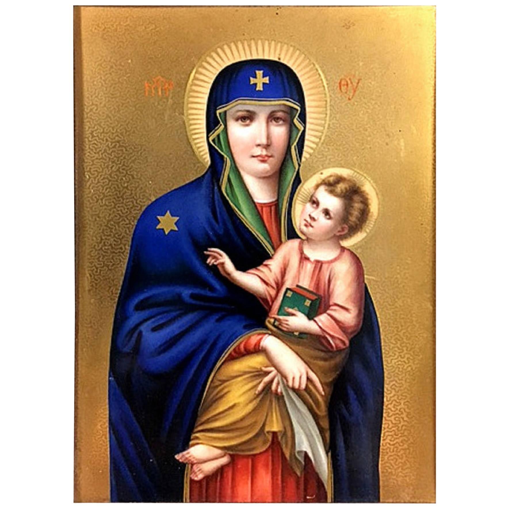 KPM Porcelain Plaque, Mary and Child as an Orthodox Icon, Berlin, circa 1880 For Sale