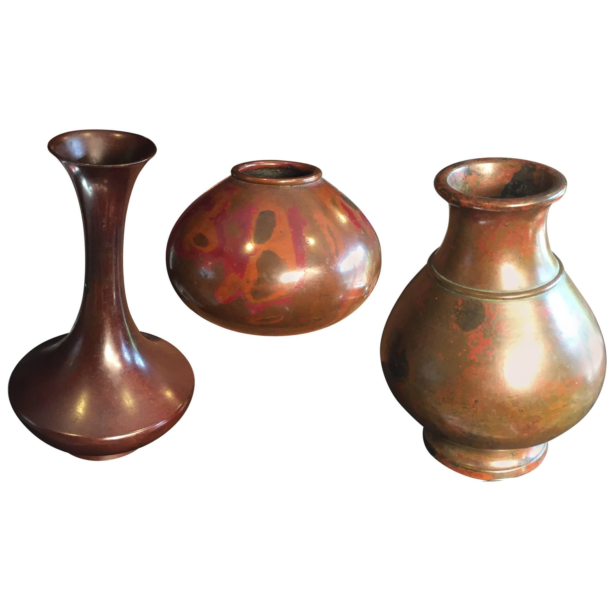 Japanese Collection Three Hand Cast Red Bronze Vases, 1912-1940s