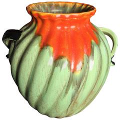 Sweet Antique Two Handled Pot in Organic Green and Tomato Red Colors, 1960