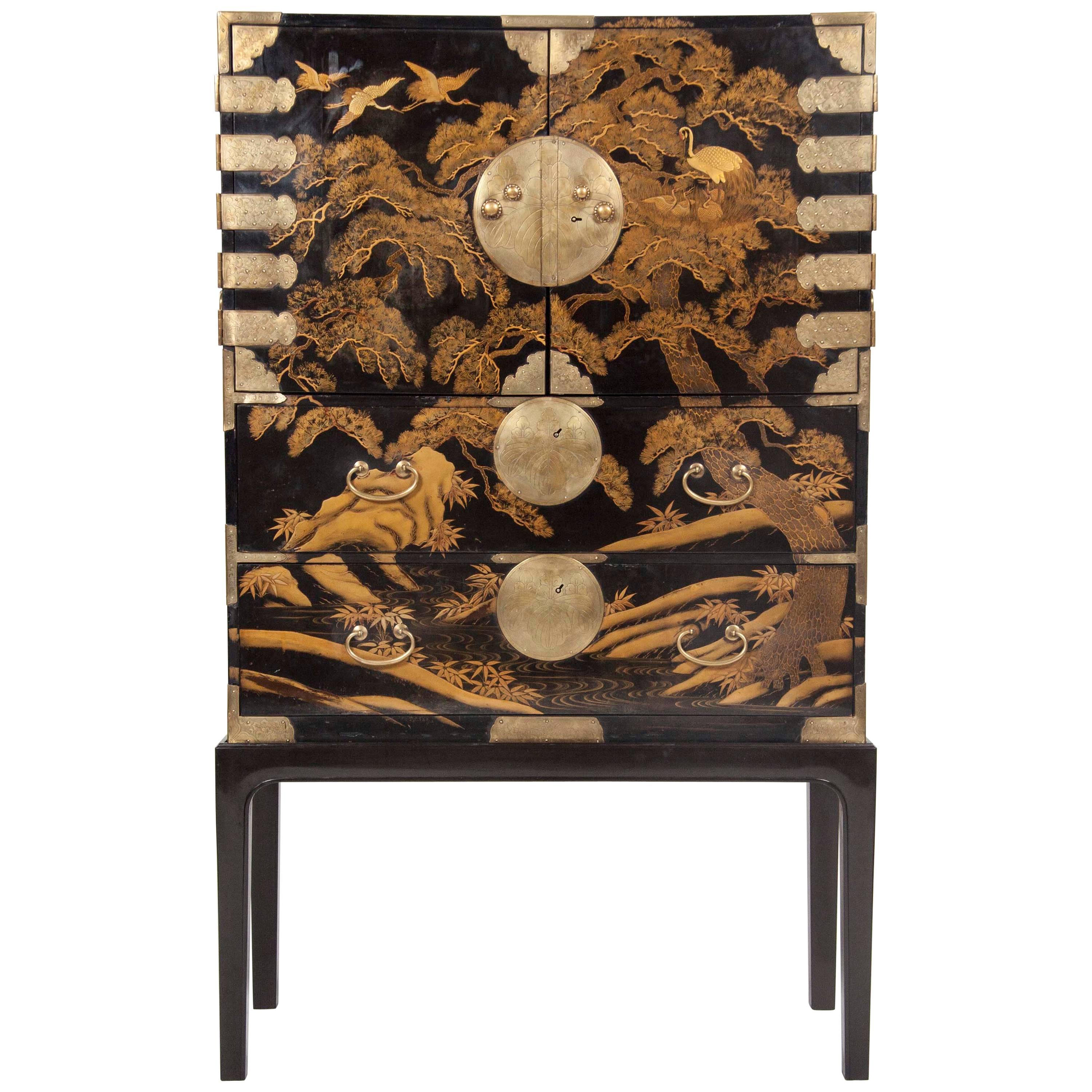 Striking Japanese Gilt and Black Lacquer Cabinet on Later Stand