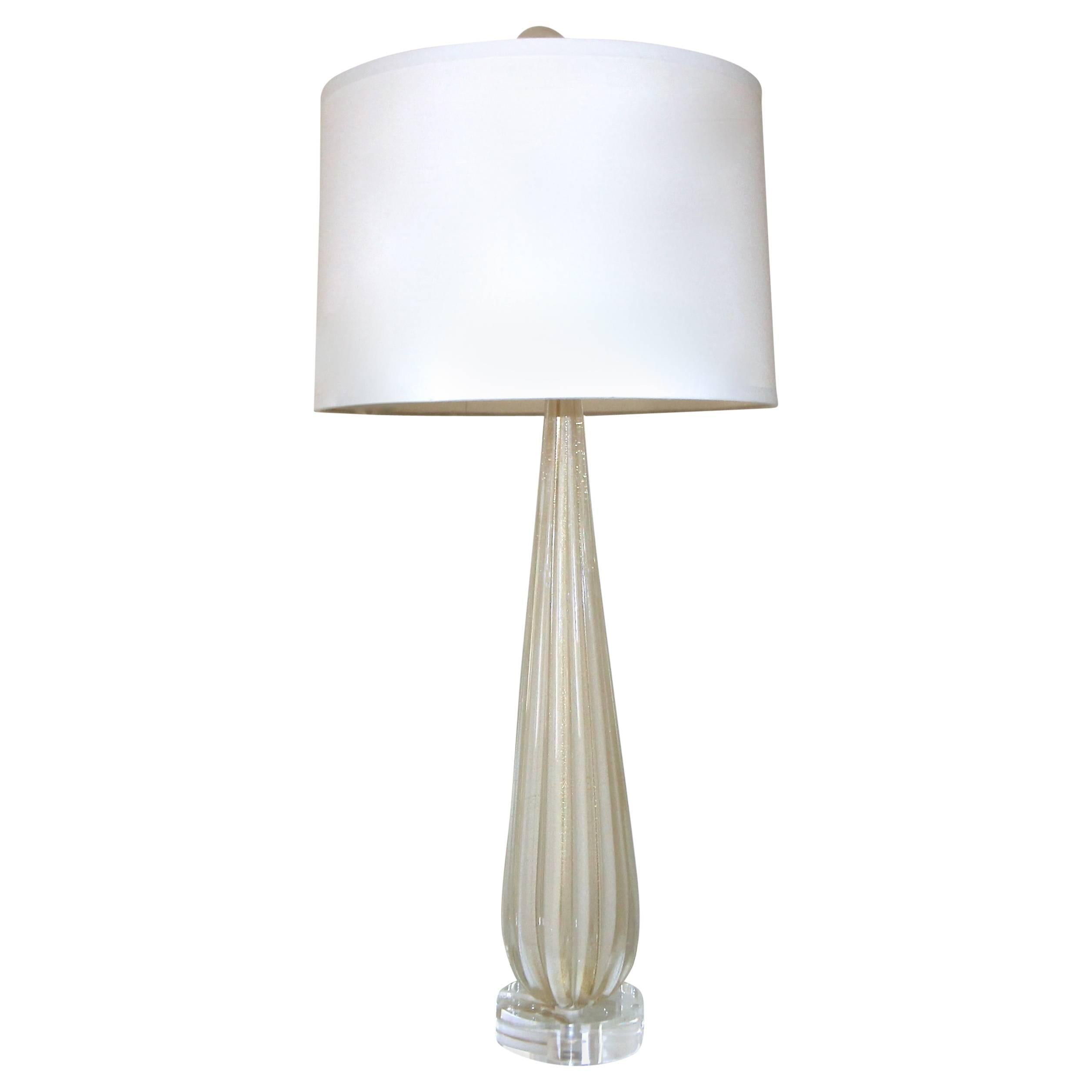 Single Tall Barbini Murano Italian White Gold Ribbed Table Lamp