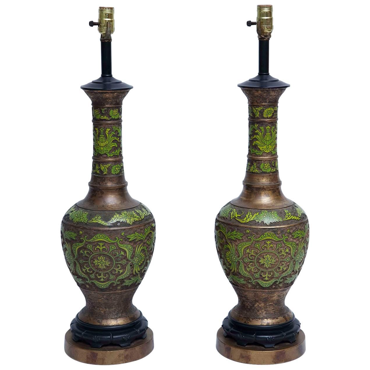 Apple Green Cloisonné and Gilt Bronze Table Lamps