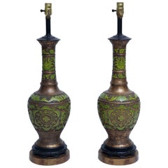 Vintage Apple Green Cloisonné and Gilt Bronze Table Lamps