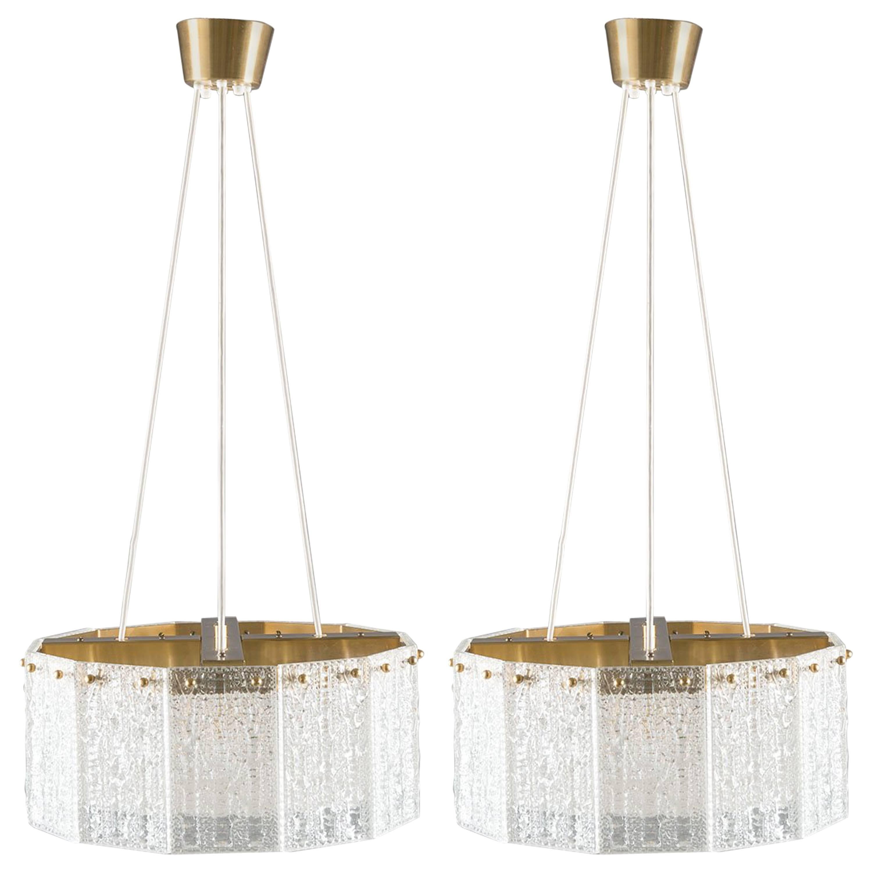 Pair of Swedish Mid-Century Pendants in Glass and Brass