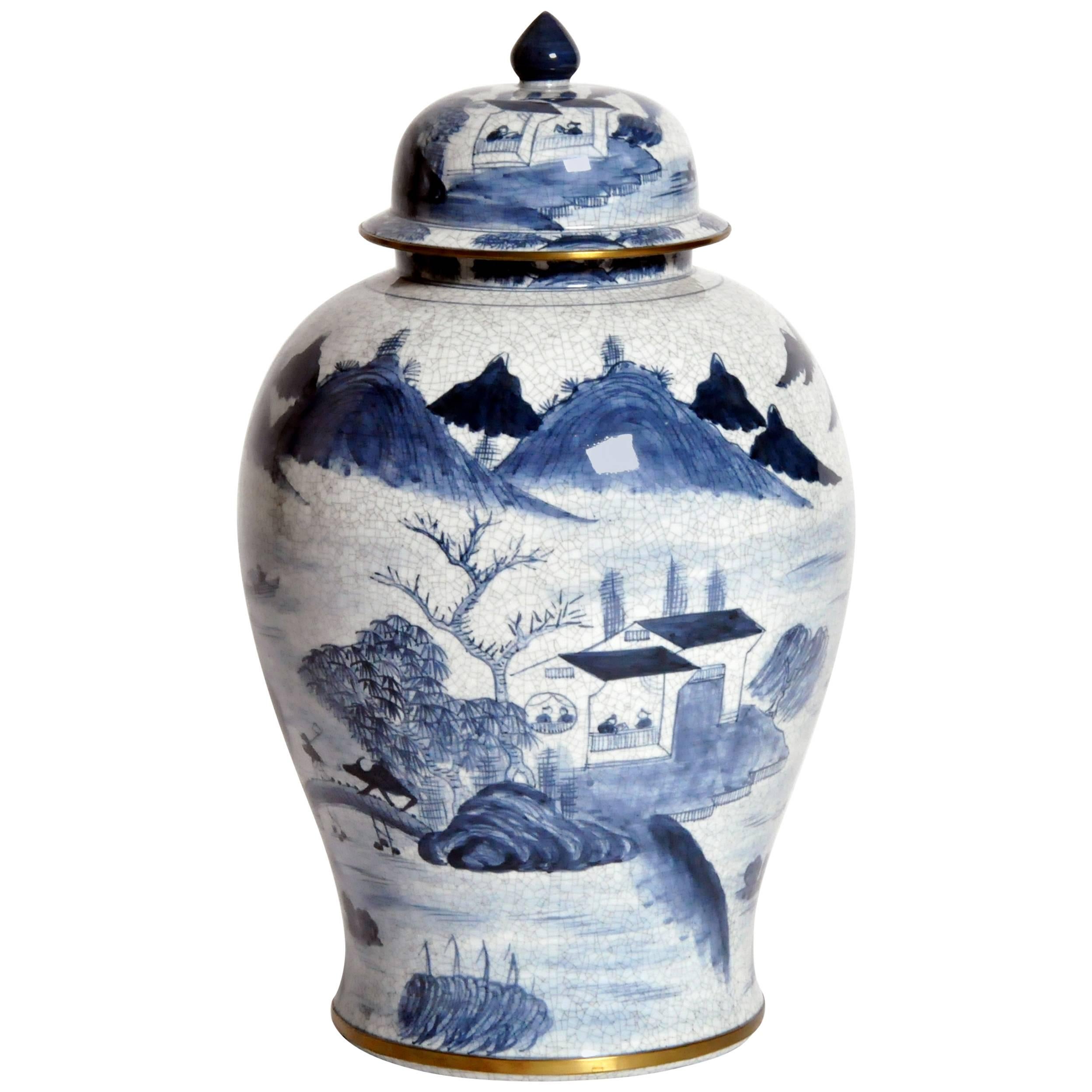 Blue and White Tall Jar with Lid