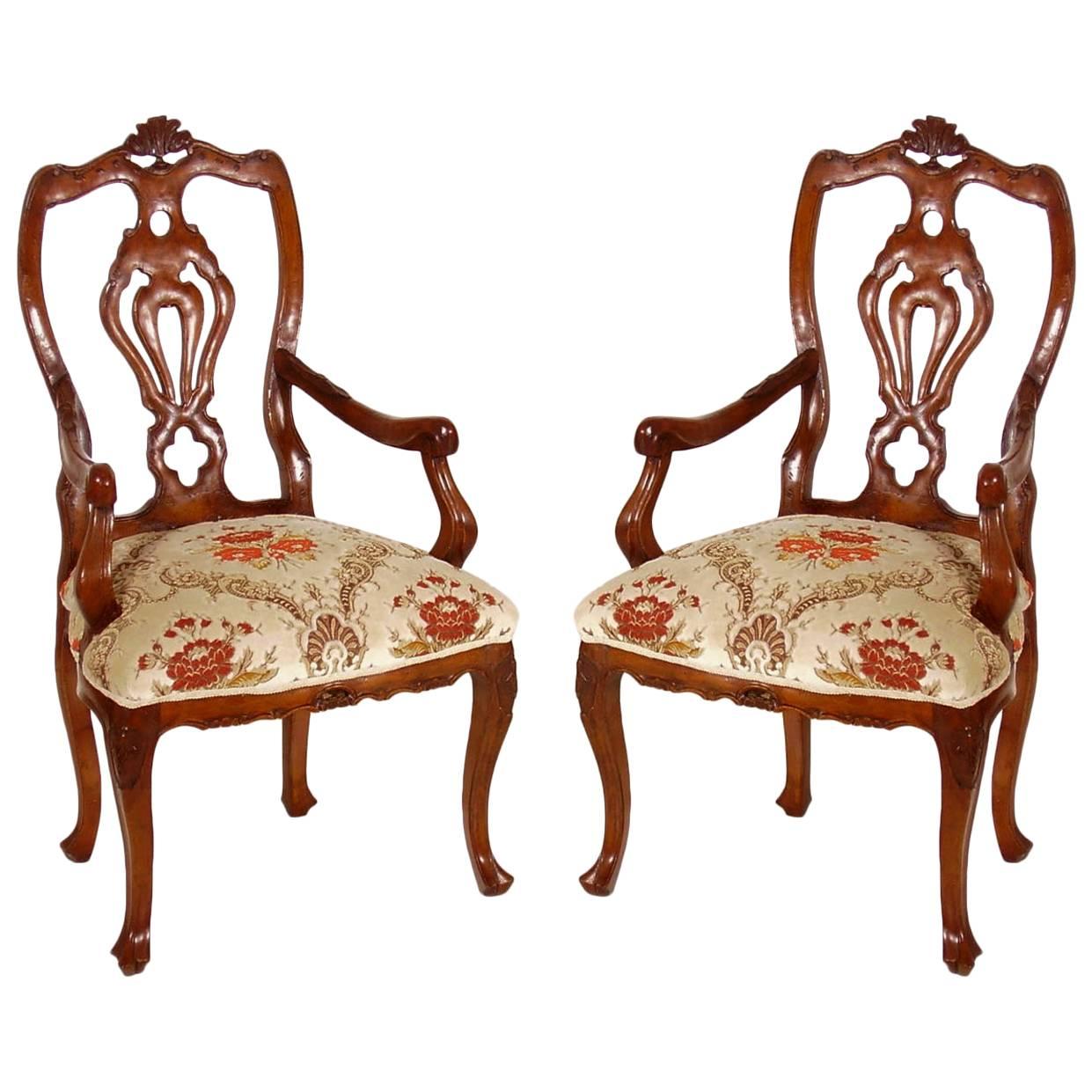 Pair 18th Century Venetian Rococo Armchairs in Walnut with Richly Carved Detail