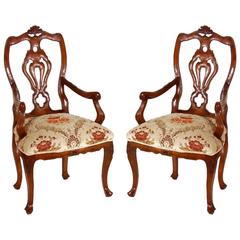 Pair 18th Century Venetian Rococo Armchairs in Walnut with Richly Carved Detail