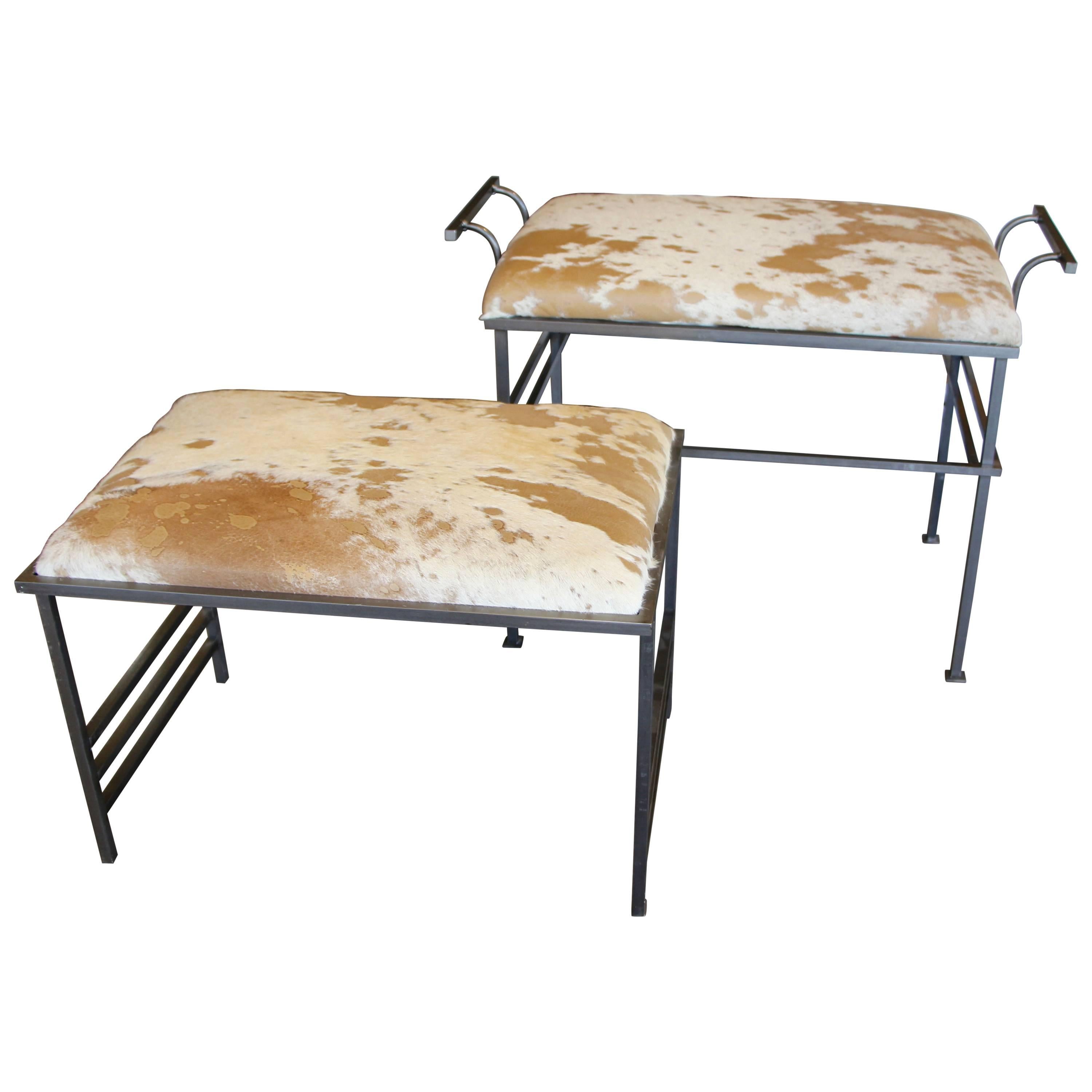 Great Steel Benches with Debrided Hide Seats For Sale