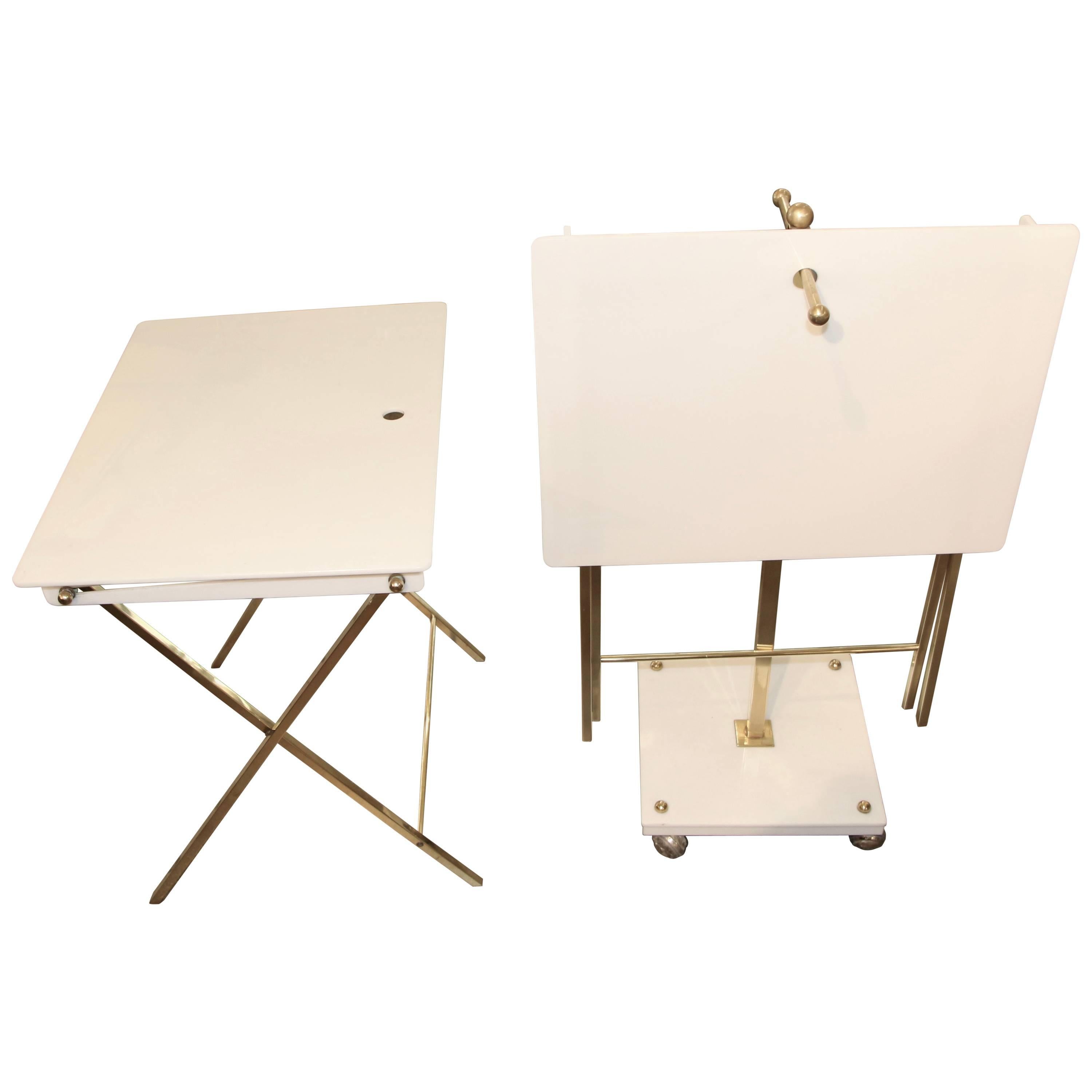 Charles Hollis Jones White Acrylic and Brass Serving Tables with Stand