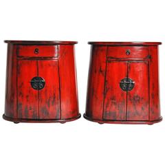 Pair of Oval Chinese Red Lacquered Side Chest