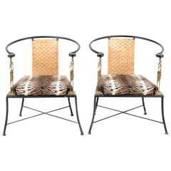 African Influenced Wrought Iron and Woven Rattan Armchairs, Circa 1960
