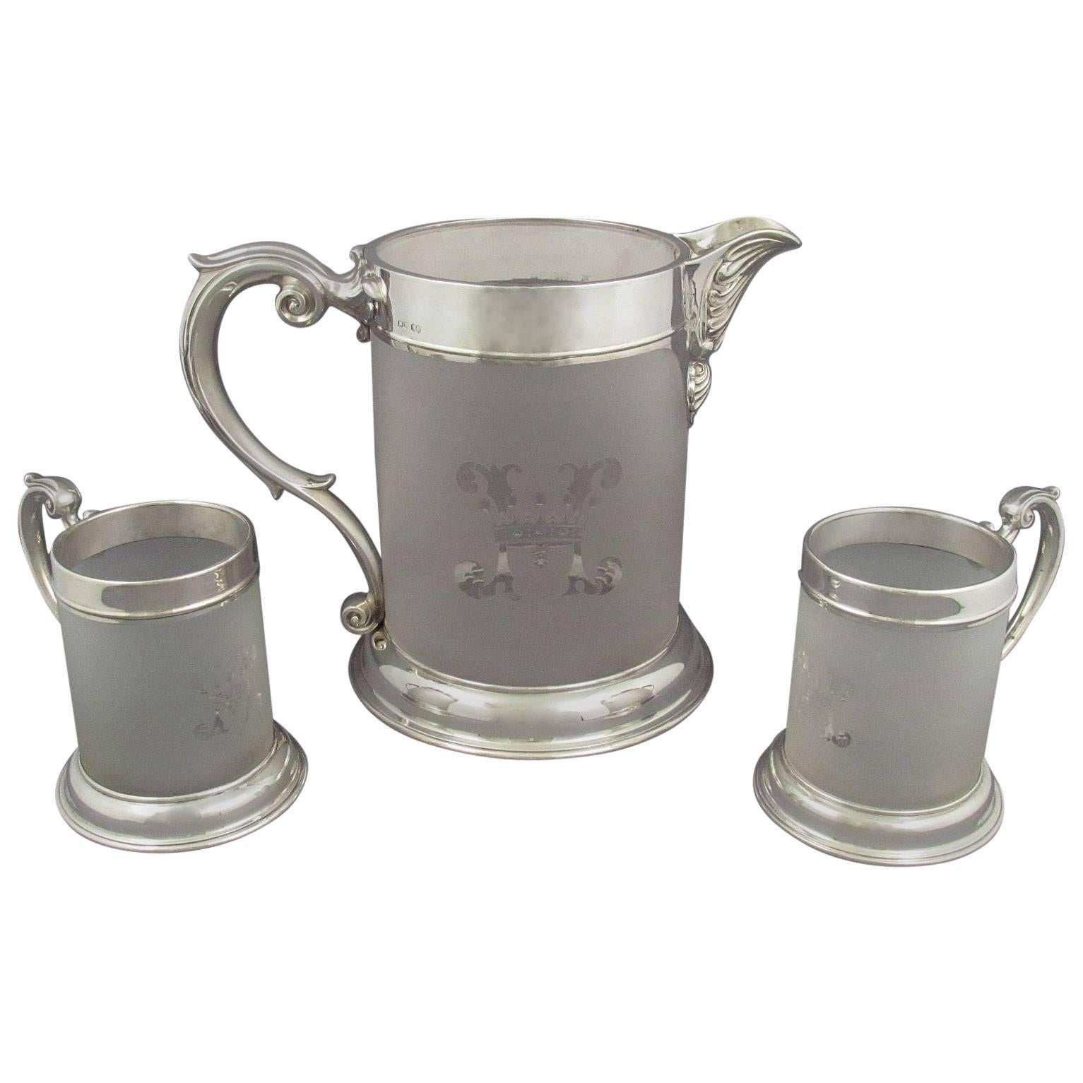 Victorian Sterling Silver Beer Jug and Pair of Mugs For Sale