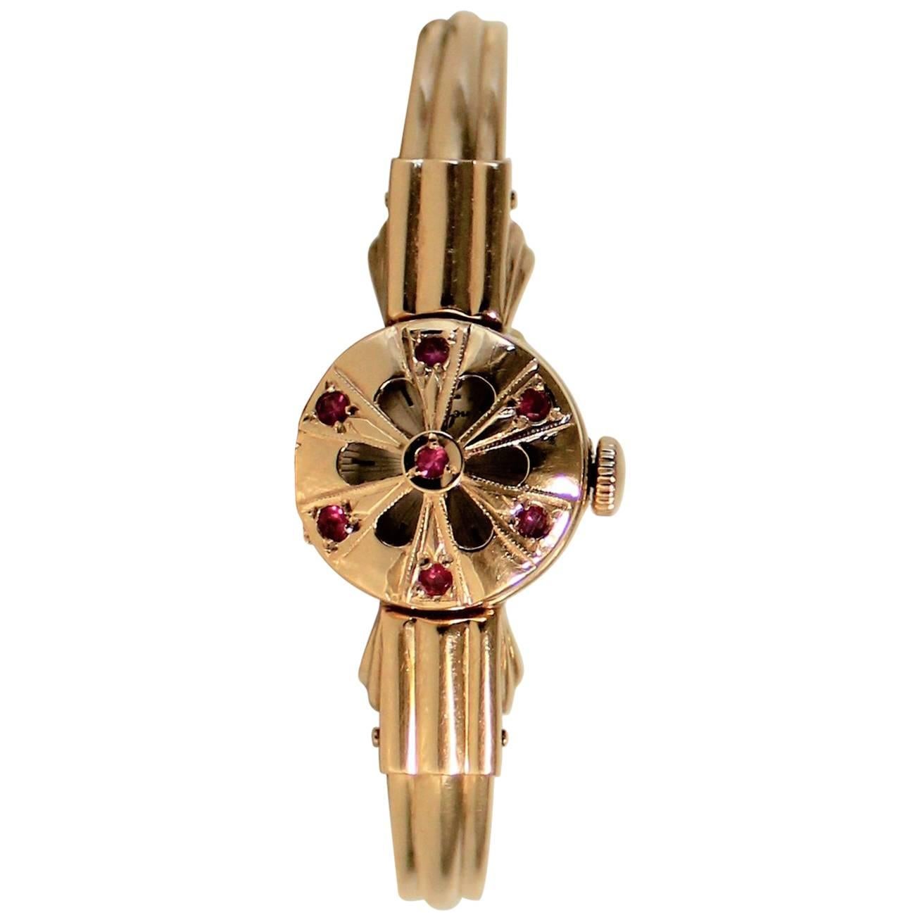 14-carat Gold Russian Haupu Ladies Hunter Watch with Rubies For Sale