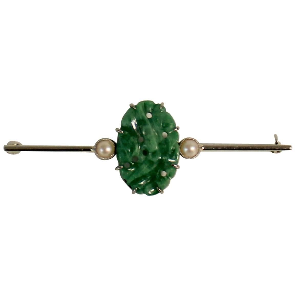 18-Karat White Gold and Jade Brooch with Pearls For Sale