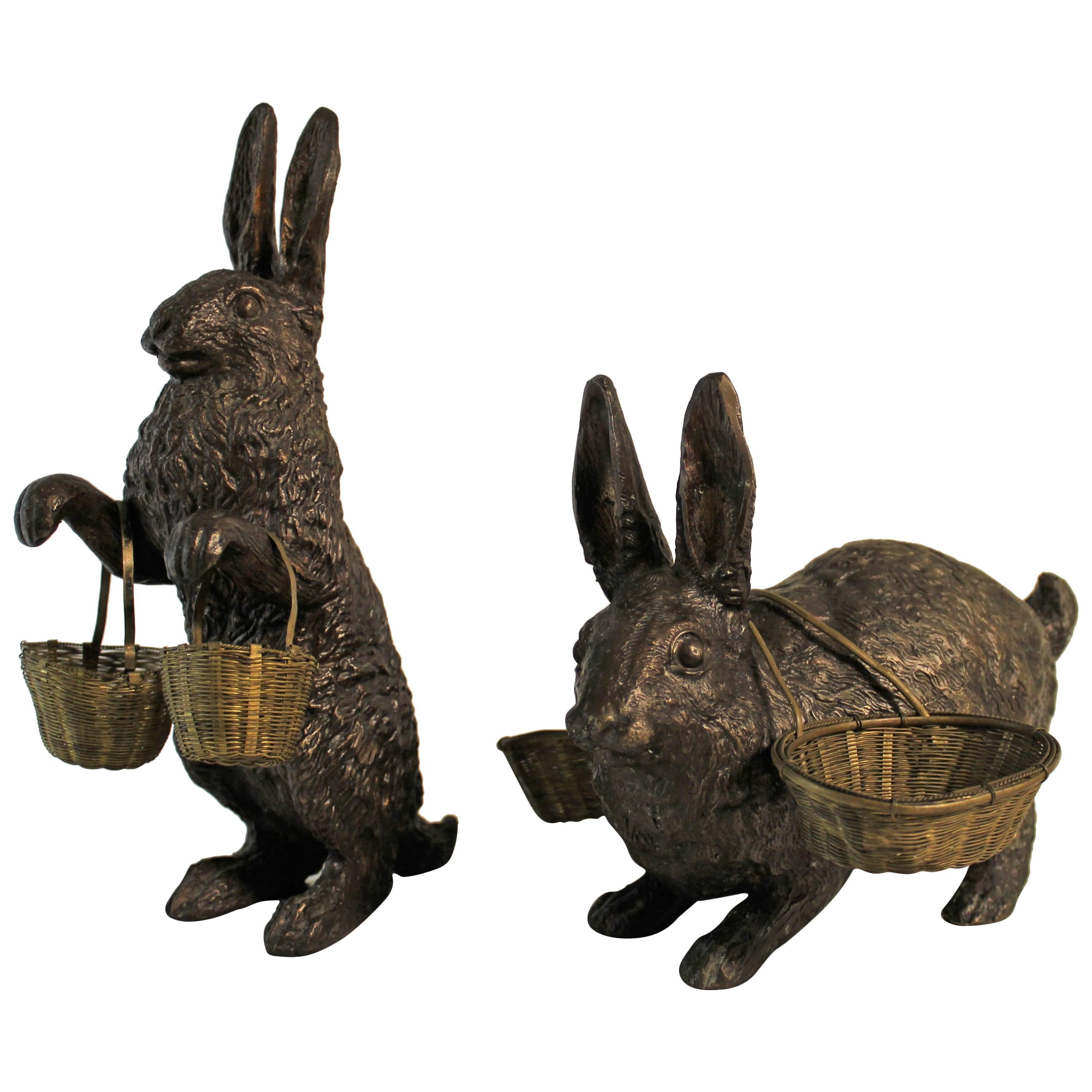Pair of Edwardian Bronze Rabbit Sculptures
