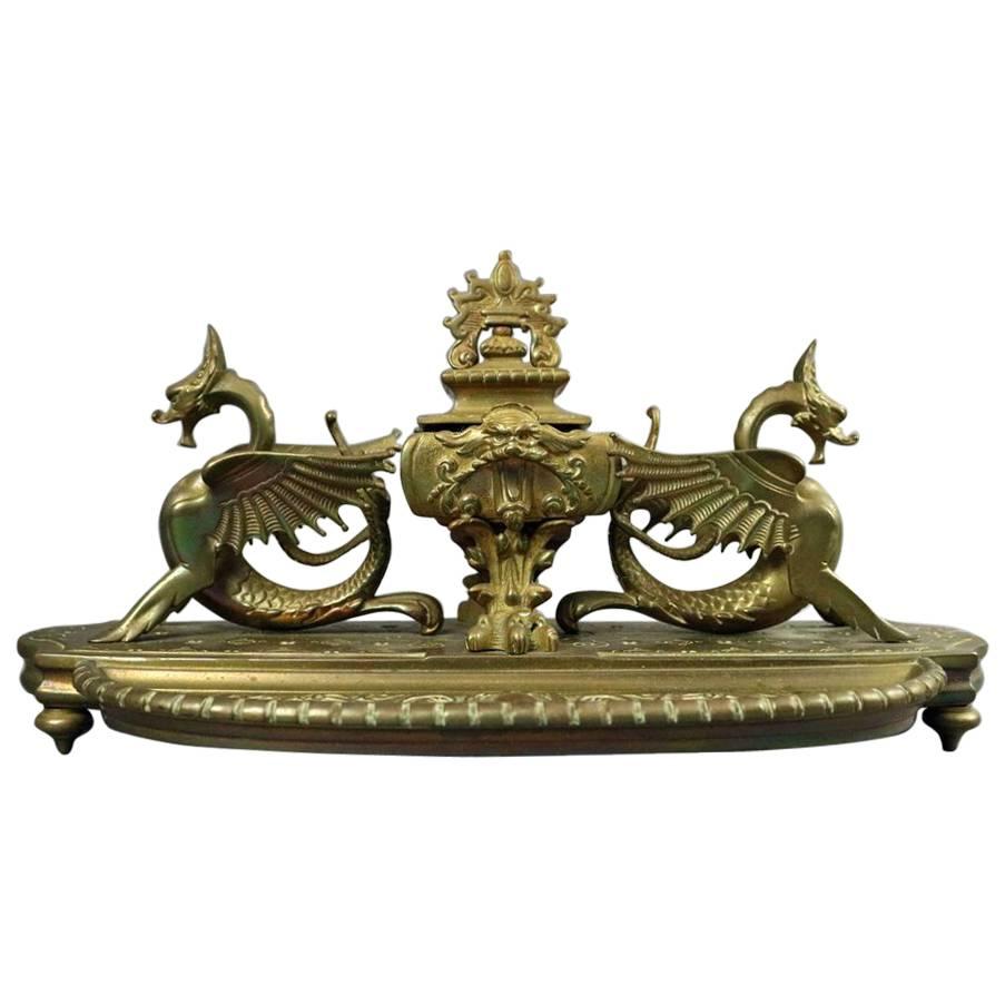 Figural Bronze Egyptian Revival Inkwell with Sea Dragons, Late 19th Century