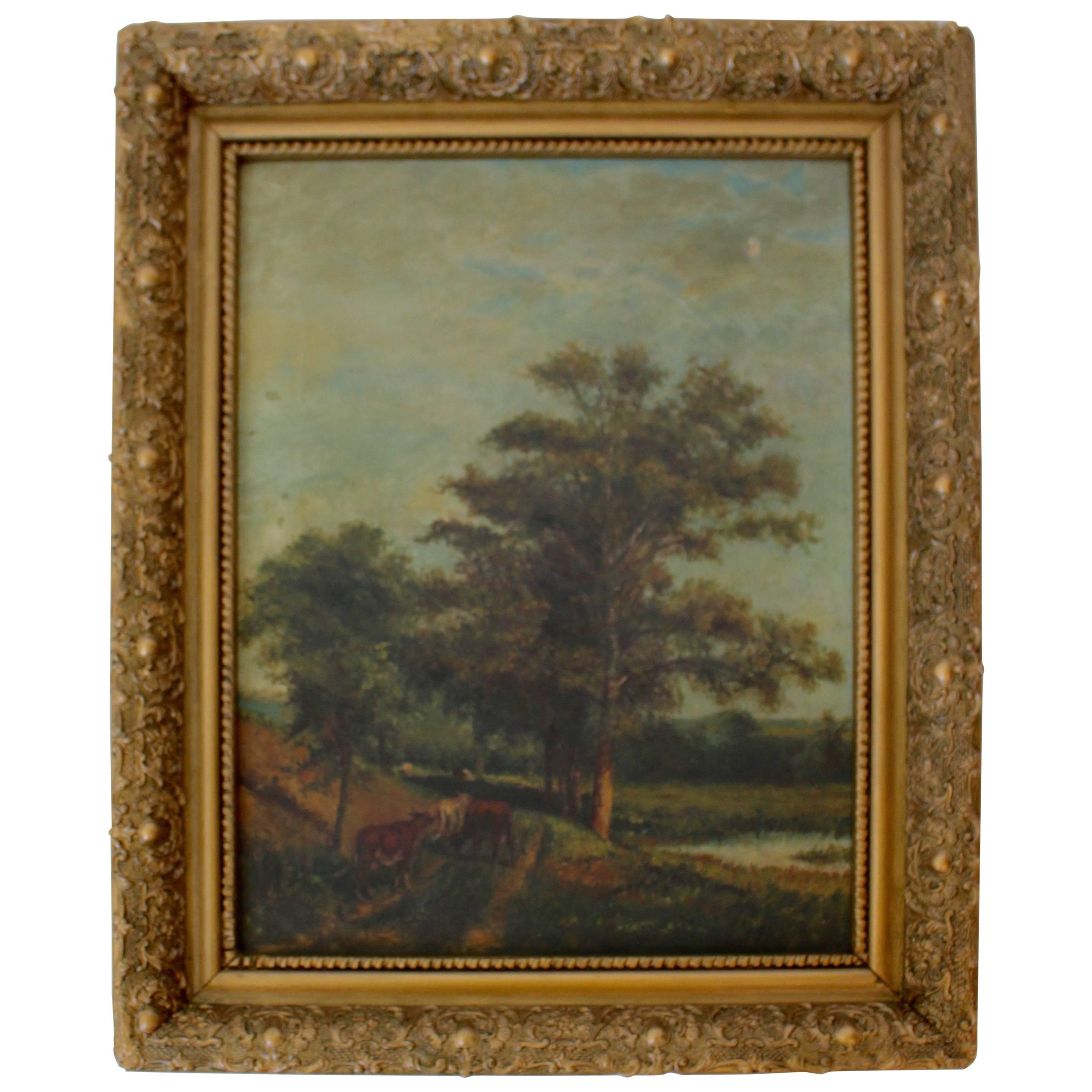 Pastoral Painting of Meadow with Trees in Later Frame