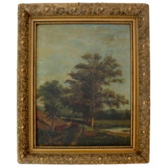 Pastoral Painting of Meadow with Trees in Later Frame