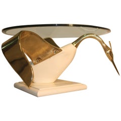 Swan Table Coffee White Gold Brass lacquered Wood Round Glass Top Italian 1970