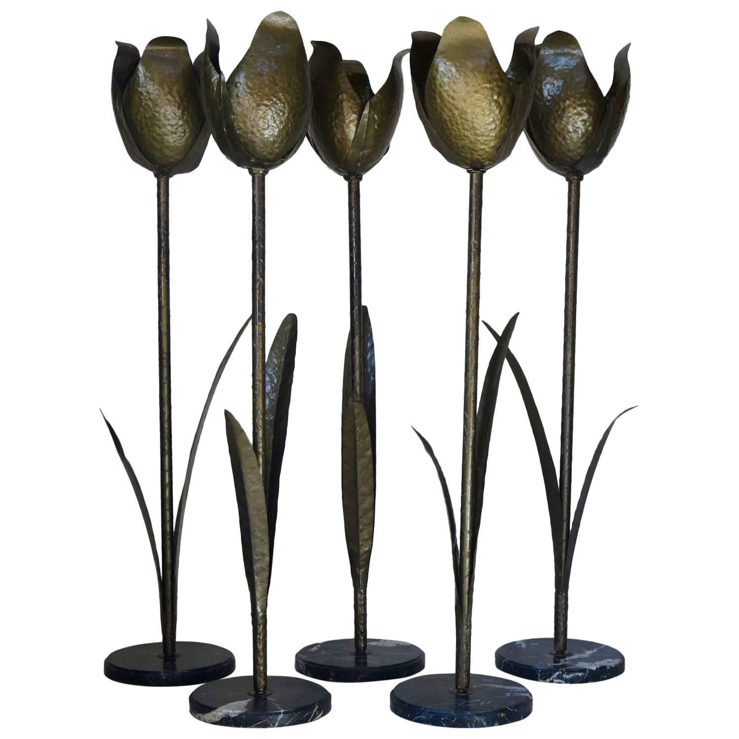 Very Tall Gilded Iron and Marble Tulip Floor Lamps, France, circa 1950s For Sale