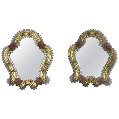 Pair of Petite Murano Glass Wall Mirrors Pink and Clear Glass