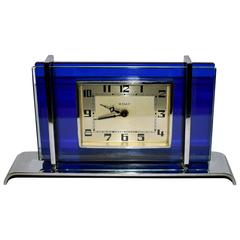 1930s Art Deco Blue Glass and Chrome Clock