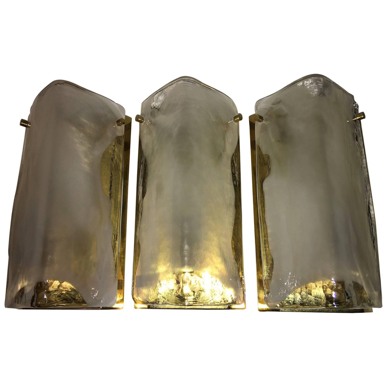 Set of Three Brass and Glass Sconces by J. T. Kalmar For Sale