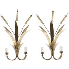 1970s Pair of Brass Reeds Sconces Attributed to Maison Charles