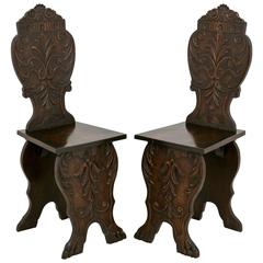 Pair of Lime Wood Carved Italian Hall Chairs