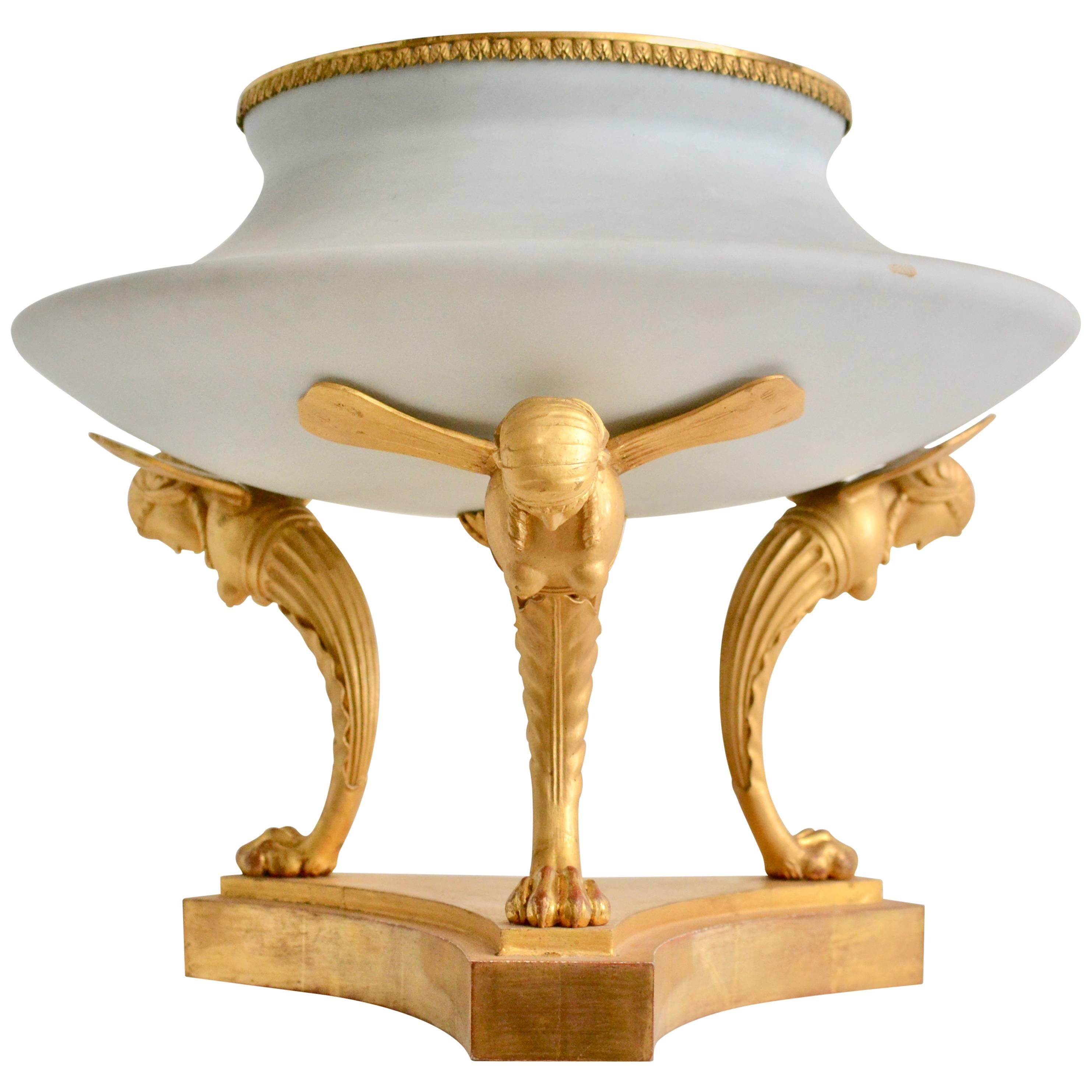 Swedish Brazier Shaped Opaline Glass Urn on a Carved Giltwood Stand, circa 1805