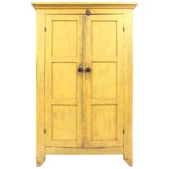 Antique 19th Century New England Chrome Yellow Cupboard with Panelled Doors