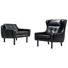 Svend Skipper Style Black Leather Wingback & Low Back Lounge Chairs 2