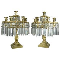 Pair of French Five-Light Figural Bronze & Crystal Mantel Girandole, circa 1870