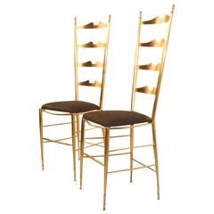 Pair of High-Backed Chairs in Contoured Brass Italian Design 5