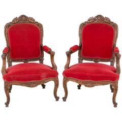 Antique Very Impressive Pair of Carved French Walnut Salon Chairs