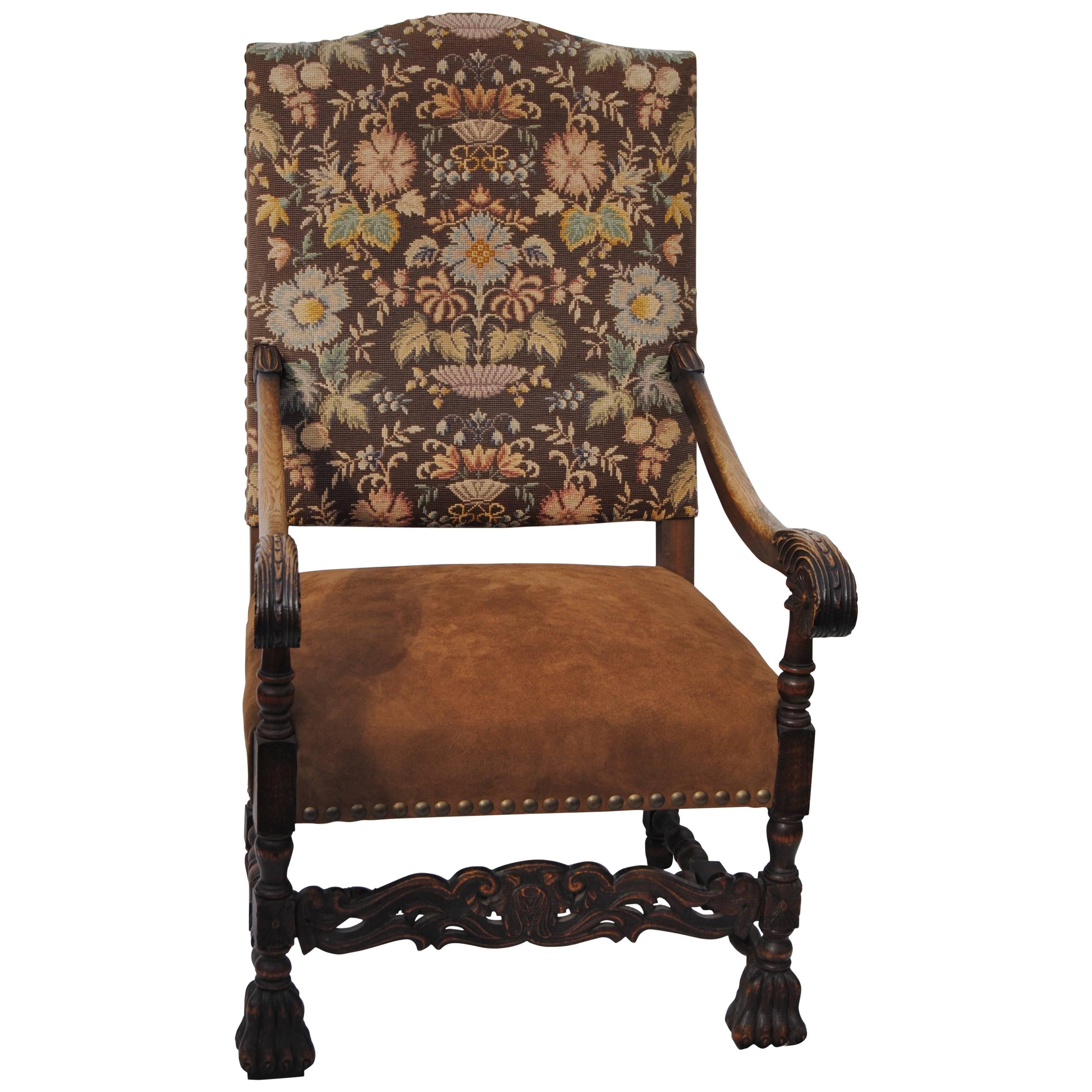 Antique High Back European Armchair with Nailheads, 19th Century For Sale