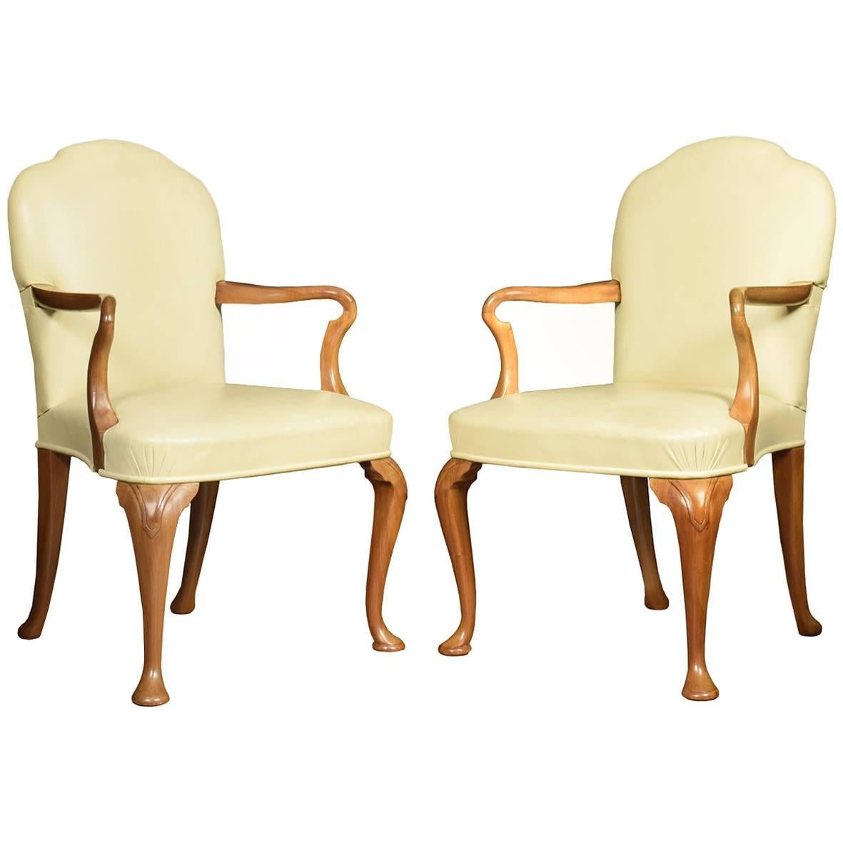 Pair of Walnut Queen Ann Leather Armchairs