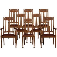 Set of Eight Oak Arts and Crafts Dining Chairs